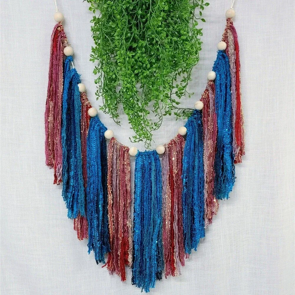 Boho Garland Wall Hanging Decor Wooden Beads Lace Ribbons Blue Pink Gold NEW